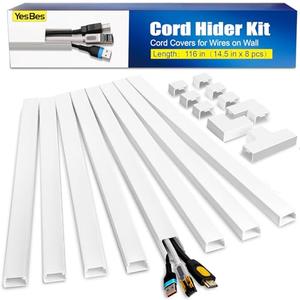 116in Cord Hider Kit, Cord Covers for Wires on Wall, Paintable Cable Raceway, Cord Hider for Wall Mount Tv, Tv Cable Hider Wall Kit, Wire Covers for Cords, W0.96in X H0.57in, White 6 Pcs