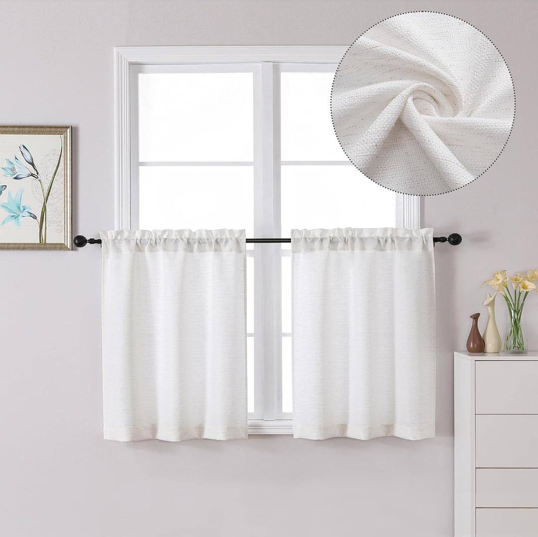 Lecloud Bessie Short Curtains 24 Inch Length Set of 2, Faux Linen Cafe Kitchen Curtain Tiers, Rod Pocket Tiers Window Treatment for Living Room Bedroom Bathroom, Each 30 W x 24 L, Natural