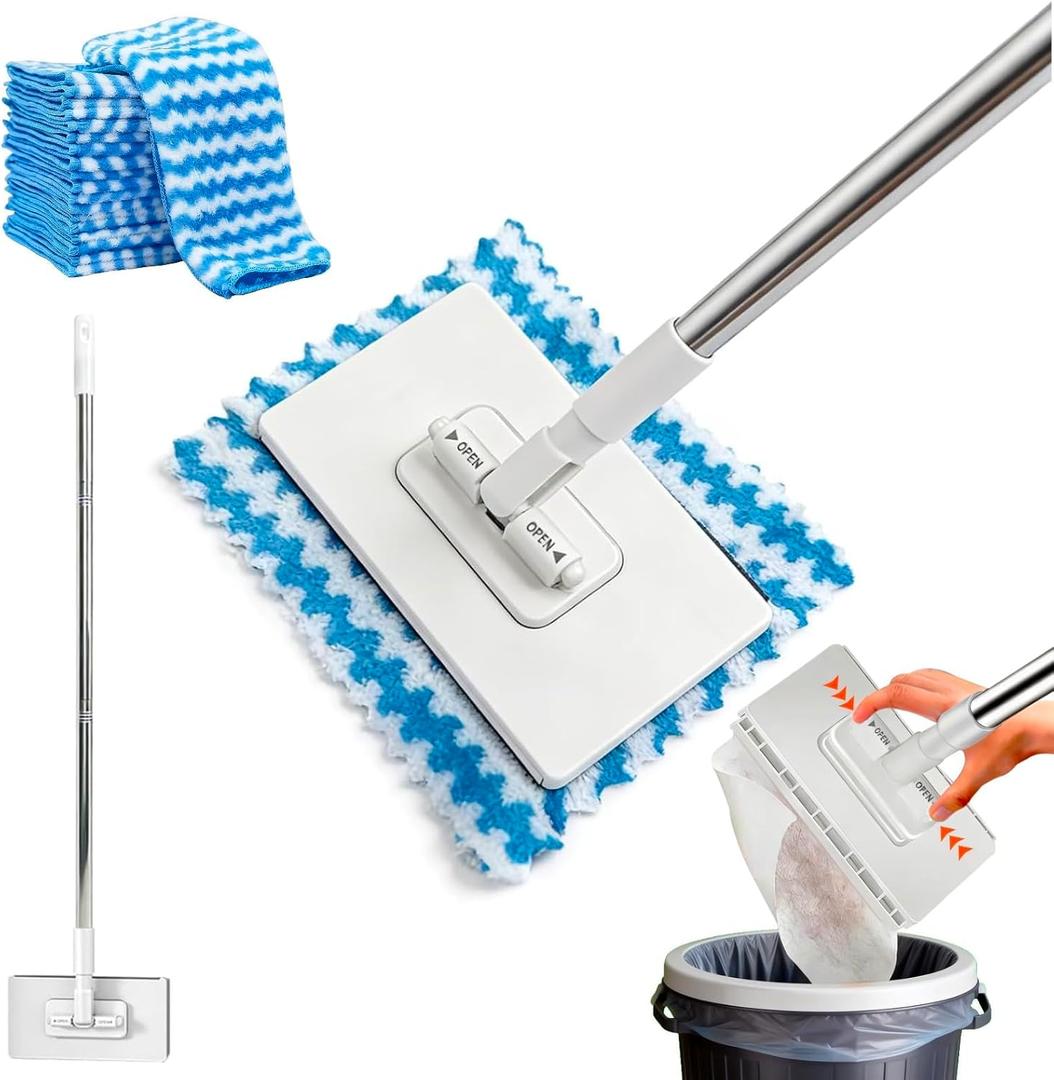 Snap Grip Mini Mop, Zero Touch No Wash Lazy Mop with One-Click Cloth Change, Compatible with Face Towels, Adjustable for Wet/Dry Floors, Tile, Hardwood, Corners (10 Reusable Cloths)