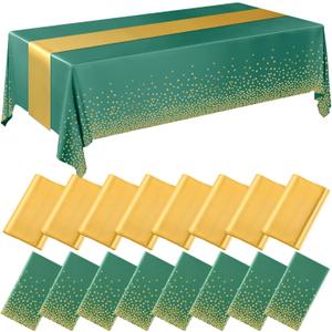 Tudomro 16 Pcs Green and Gold Disposable Plastic Tablecloths and Satin Table Runner Set 54x108 Inch Tablecloth 12x108 Inch Table Runners for New Year Wedding Birthday Baby Shower Graduation