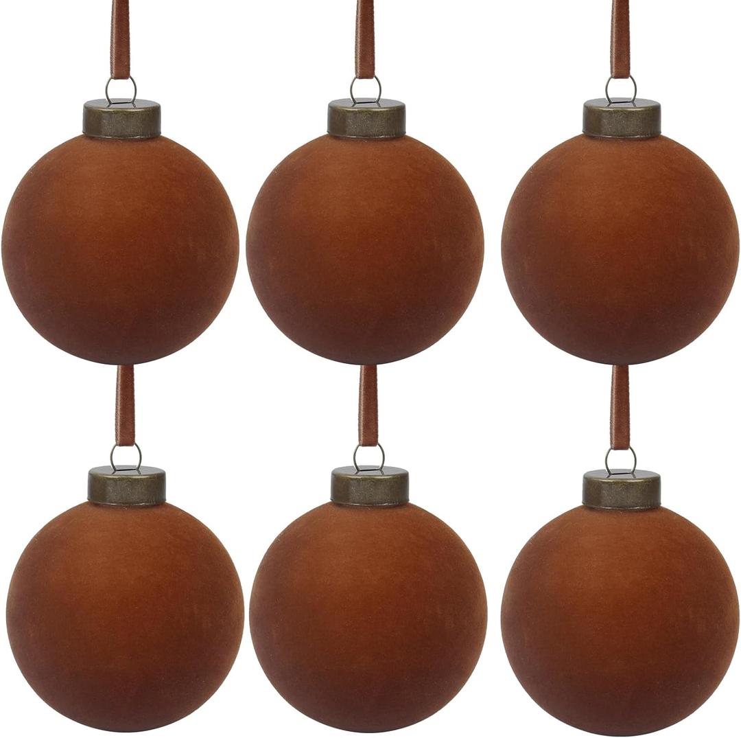 6 Pcs Velvet Christmas Balls Bulk Shatterproof Plastic Christmas Tree Decorations for Decorative Hanging Baubles (6, Brown, 3.94Inch)