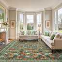 Deerly Green Floral Washable Area Rugs 9x12 for Living Room Large Vintage Boho Non-Slip Bedroom Carpet Soft Low Pile Thin Floor Mat Indoor for Dining Room Playroom Nursery Farmhouse, Green/Multi