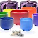 TOPFUND 440Hz Chakra Set of 7 Color Crystal Singing Bowls 7-12 inch with Heavy Duty Carrying Cases and Mallets