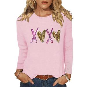 Valentines Day Shirts for Women XOXO Heart Graphic Tshirt Valentine Gifts Long Sleeve Tee Tops (Pink, L)