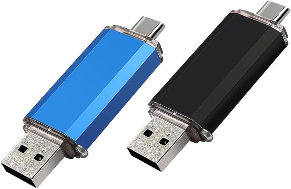 2-Pack 128GB USB C Flash Drive Dual Type C + USB A Memory Stick Jump Drive 2-in-1 Thumb Drive for Storage and Backup (128GB*2 Black&Blue)