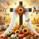 Fall Thanksgiving Backdrop Banner Fall for Jesus Theme Outdoor Decorations 71x43 Inchs Sunflower Pumpkins Backdrop Cross He Never Leaves Banner Party Supplies Yard Decor