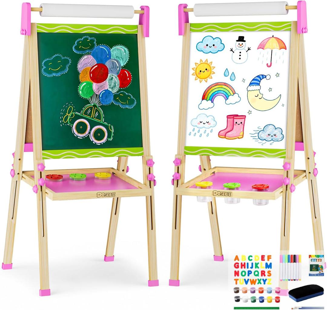 Adjustable Double-Sided Magnetic Wooden Easel for Kids with Paper Roll, 18.5 inches