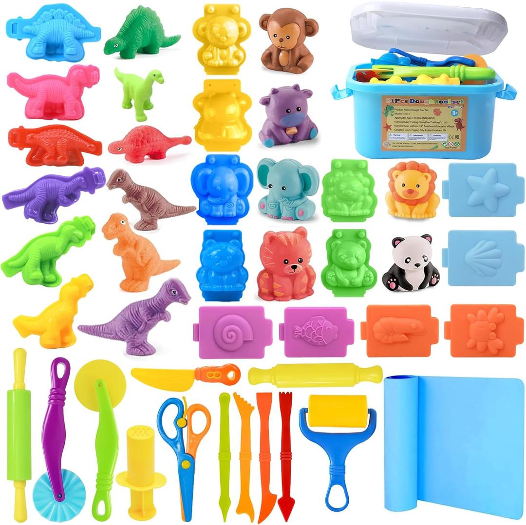 Dough Tool Set, 31 Pcs Basic Dough Tools Kits for Kids, Dough Accessories Includes Storage Container, Mat, 3D Animal, Cutters Roller, Rolling Pins, Safety Scissors