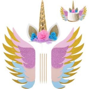 LUOEM Glitter Cake Toppers with Wings 3 Pcs Edible Cake Decorations for Birthday Baby Shower Wedding Party and Home Celebration