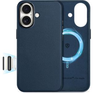 SHIELDON Genuine Leather Case for iPhone 17 6.3" 2025, [Camera Button Updated], Compatible with Magsafe, Magnetic Wireless Charging, Slim Fit, Shockproof, Metal Buttons & Camera Bump Frame - Navy Blue
