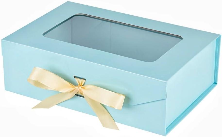 Blue Gift Box for Presents with Ribbon 10.8x7.5x3.5 Inches Clear Gift Box with Window Magnetic Closure Gift Boxes with Lids