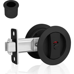 Round Pocket Door Lock and Edge Pull, Privacy Pocket Door Latch with Color Coded Indicators, Matte Black Flush Pocket Door Hardware Fits 1-1/4" ~ 2-1/5" Door Thickness, 2-3/8" Backset
