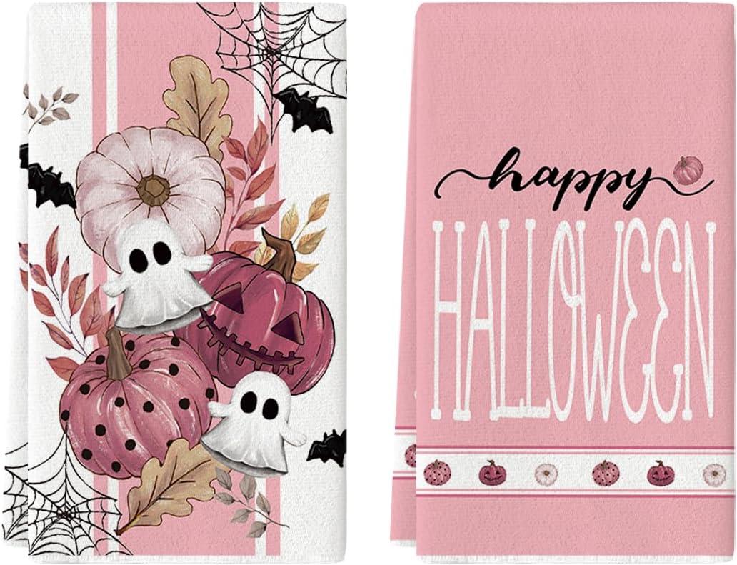 Artoid Mode Pink Ghost Polka Dot Pumpkin Happy Halloween Kitchen Towels Dish Towels, 18x26 Inch Farmhouse Flower Bat Decoration Hand Towels, Set of 2 Artoid Mode Pink Ghost Polka Dot Pumpkin Happy Halloween Kitchen Towels Dish Towels, 18x26 Inch Farmhouse Flower Bat Decoration Hand Towels, Set of 2