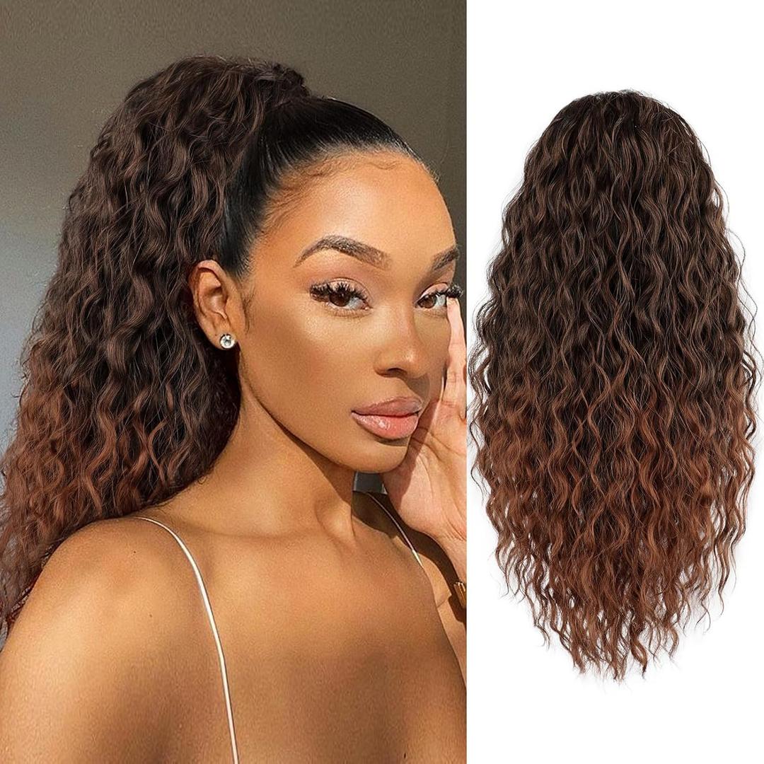 Isaic Ponytail Extension 8 Inch Wavy Curly Ponytails Drawstring Ponytail for Black Women Black to Reddish Brown Pony Tails Hair Extensions Natural Synthetic Hairpiece for Daily Use