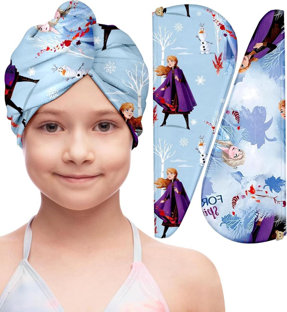 Akkya Microfiber Hair Towel Wrap for Kids Girls Women 2 Pack Drying Turban Towels for Wet Hair Quick Dry Head Wraps Cute Cartoon Princess Print