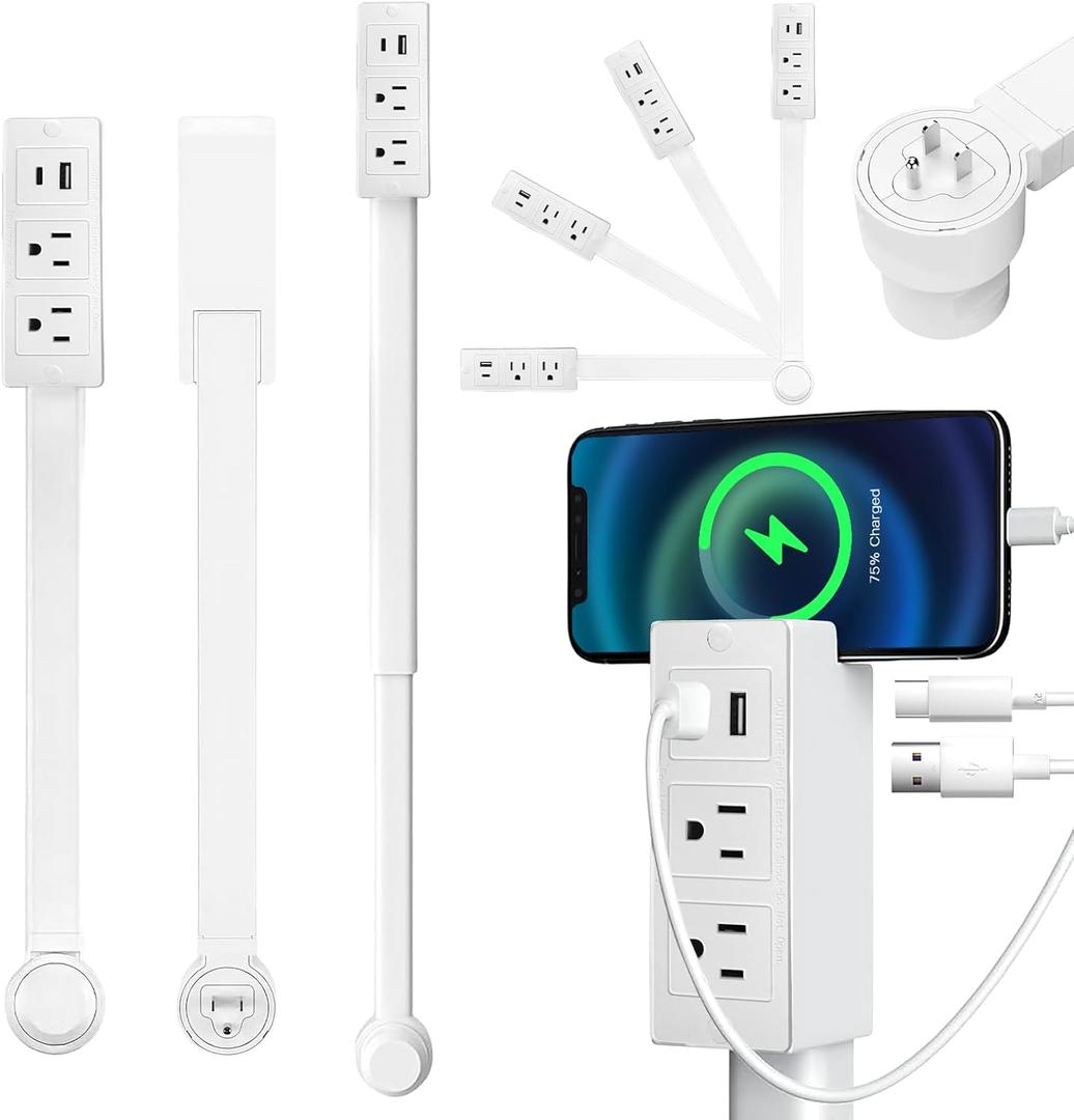 Outlet Electrical Outlet Extender Stick, Features USB-C, USB-A, and 2 AC Outlets, Adjustable 17-27 Inch Power Socket, Extendable Rotating Plug, Use Behind Sofas, Nightstands, Desks (White)