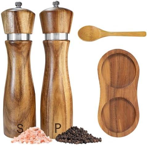 Wooden Salt and Pepper Grinder Set:Pepper Grinder Manual,Adjustable Coarseness,Crafted of Acacia Wood with Ceramic/Stainless Steel Core|Along with Salt&Pepper Mill Tray,Spoon,8in,1pack