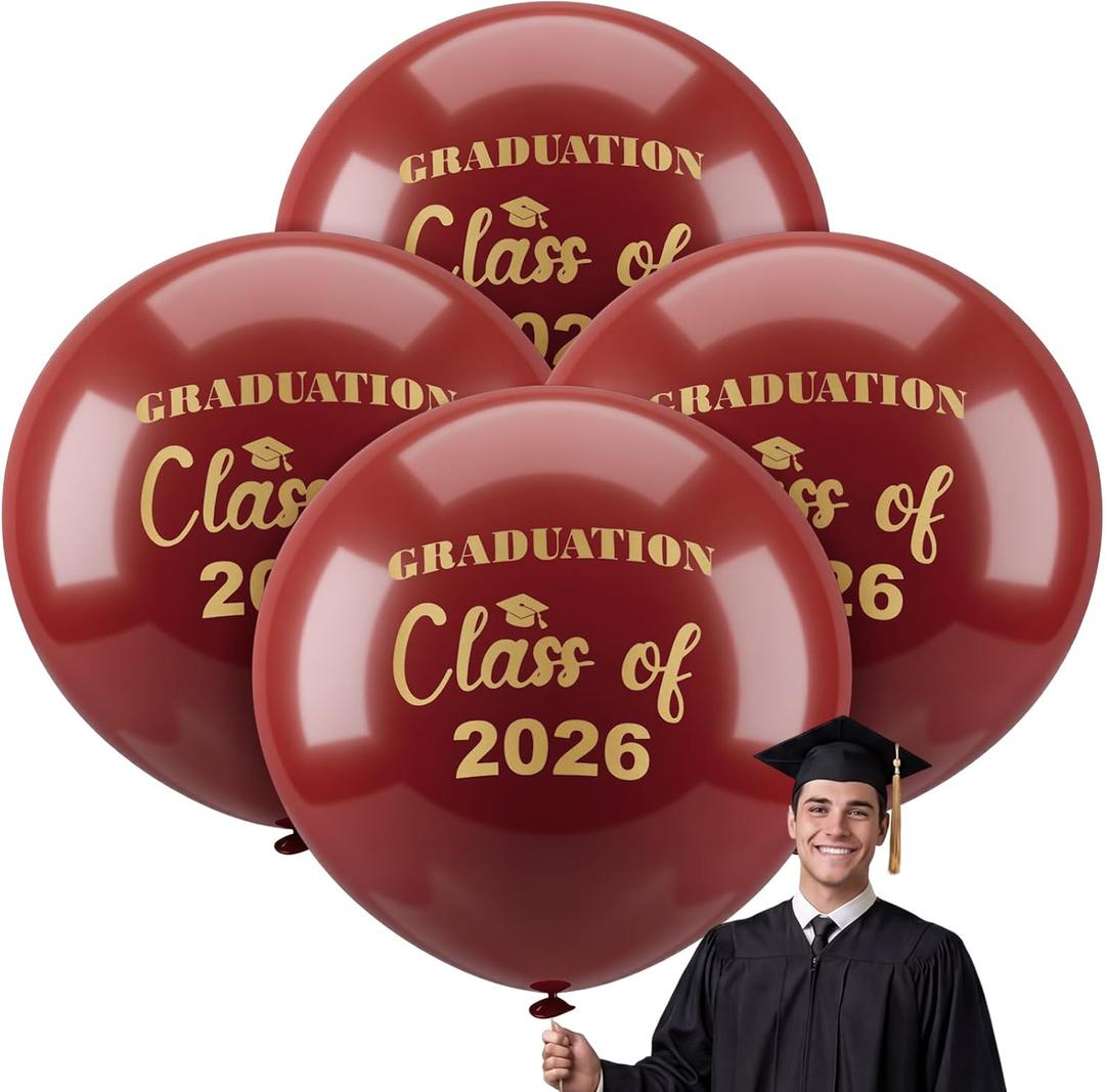 Kasyat 4 Pcs 36 Inch Extra Large Graduation Balloons Class of 2026 Balloons Latex Jumbo Giant Congrats Grad Balloon for College, High School, University Graduation Party Decorations (Maroon and Gold)