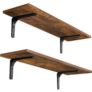 DINZI LVJ Long Wall Shelves, 23.6 Inch Wall Mounted Shelves Set of 2, Easy-to-Install, Wall Storage Ledges with Sturdy Metal Brackets for Living Room, Bathroom, Bedroom, Kitchen, Rustic Brown