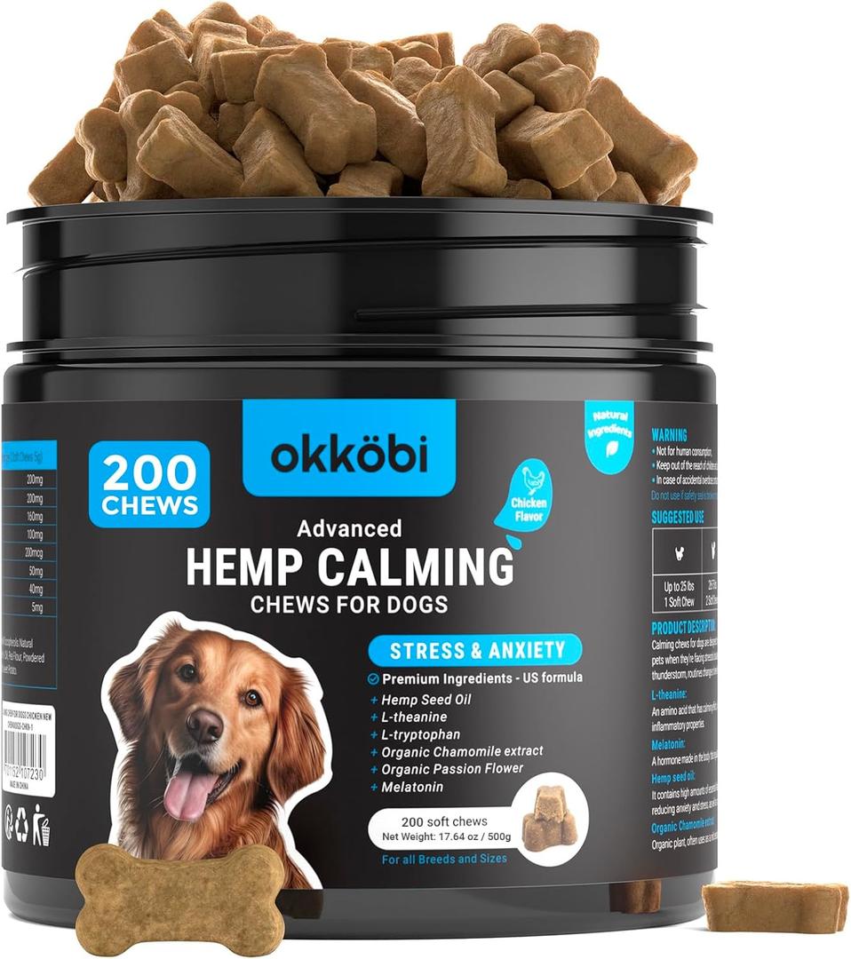 Hemp Calming Chews for Dogs Anxiety 200 pcs - Chicken Flavored - Dog Anxiety Relief - Dog Calming Chews - Melatonin for Dogs - for Stress, Travel, Check-up, Barking or Grooming - Dog Calming Treats BBD: 03-2027