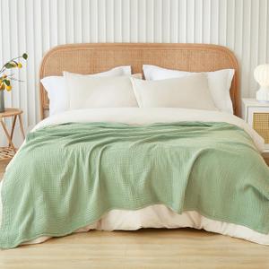EMME Cotton Blanket Queen Size for Bed Soft Large Muslin Bed Blankets 90"x90" Lightweight Breathable Blanket Bedspread All Season Gauze, Sage Green