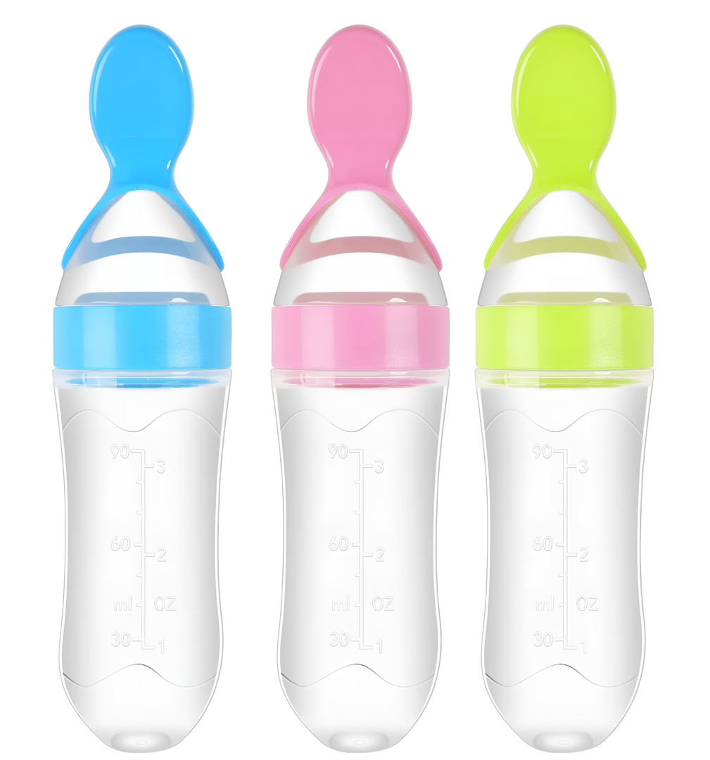 Baby Food Feeder 3 Pack Silicone Baby Food Dispensing Spoon with Standing Base for Infant- 3 oz Squeeze Feeding Spoons with Suction Cup for Boys Girl Kids Toddlers - Self Feeding Bottle Spoon