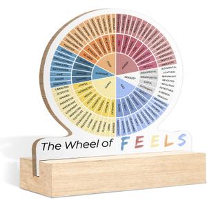 CTYNU Mental Health Gifts Wheel of Emotions Feelings Desk Decor Sign, The Wheel of Feels Wood Sign Plaque With Wooden Stand Decor for Therapy Office Living Room, Counselor Physical Therapist Gifts