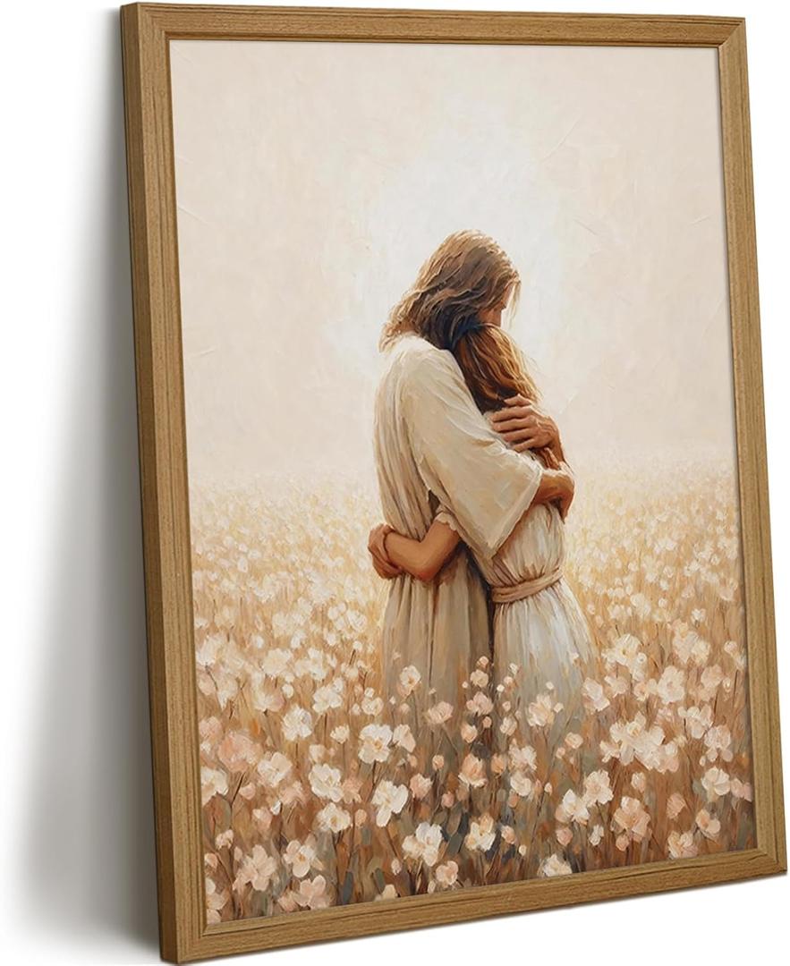Jesus Hugging Woman Wall Art Christian Poster Religious Canvas Wall Decor Christ Lds Pictures Jesus Embracing Girl Prints Modern Painting for Living Room Bedroom 16x24 Inch Framed