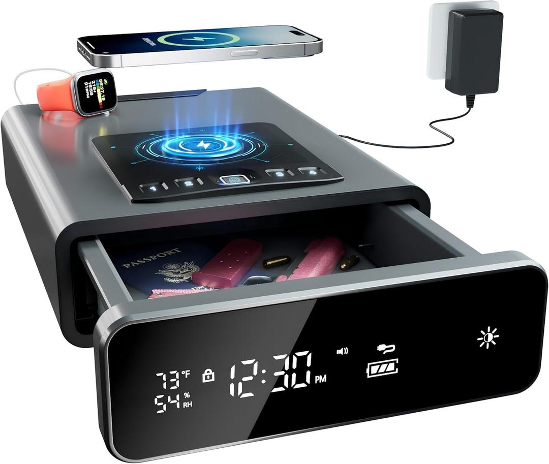Mboko Biometric Discreet Gun Safe with 12-Hour Time Clock Display, Wireless Charging Pistol Safe for Handgun with Adjustable Brightness, Backlit Keypad, LED Light, Gifts for Mothers DayGray