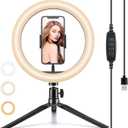 10" Ring Light with Tripod Stand for Desk for Video Recording and Makeup, Adjustable Halo Light with Cell Phone Holder LED Lamp with 3 Light Modes & 11 Brightness Level (10 inch with Desk Stand)