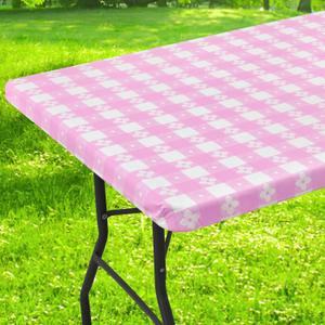 3 x Rectangle Vinyl Table Cloth, Waterproof Elastic Fitted Tablecloth with Flannel Backing, Plastic Table Cover for Picnic, Camping, Outdoor (White & Pink, 30"x72")