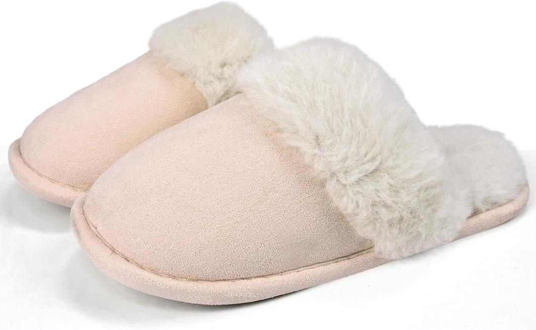 Women's Memory Foam Fuzzy Slippers Fluffy Plush Indoor Outdoor Non-Slip Thin Sole Winter House Shoes (7-8 Women/5-6 Men, Apricot)