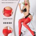 MERYLURE Thigh High Stockings Silicone Lace Top Stay Up Silk Semi Sheer Pantyhose for Women Hold Up Nylon Lingerie (Red)