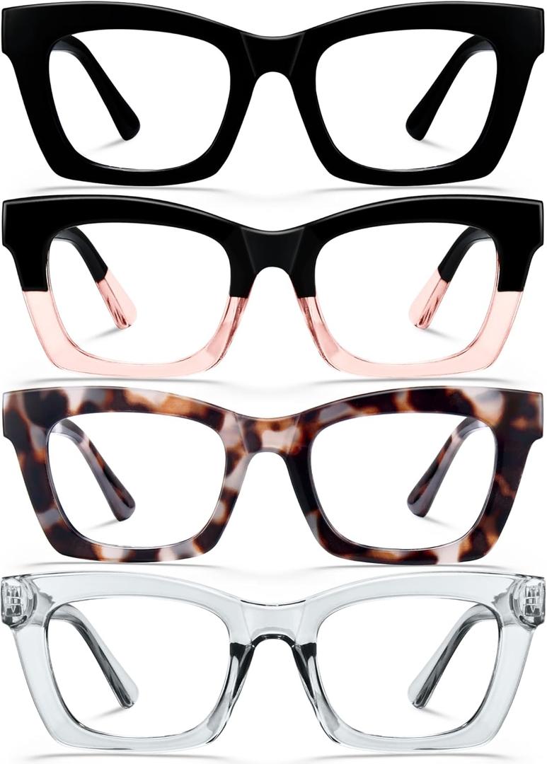 CCVOO Stylish Reading Glasses for Women, Stylish Eyeglasses, Blue Light Readers, Cheaters (Black+black and Pink + Black Leopard + Grey)