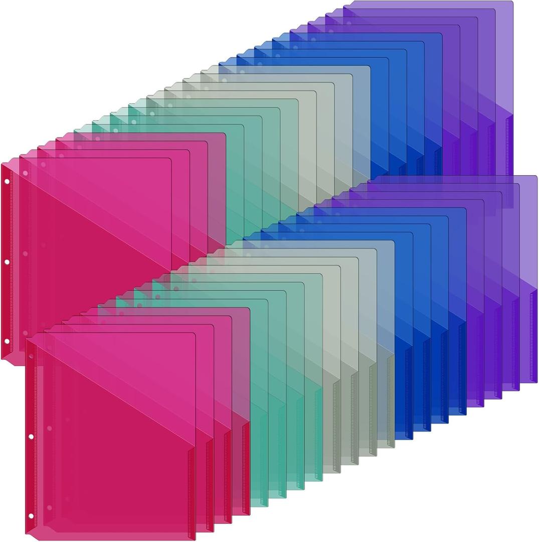 Maitys 50 Pack Binder Pockets 3 Hole Punch Clear Plastic Document Folders Binder Organizer Store Letter Size 8.5x11 Inch Paper Folders with Pockets Slash File Jacket for Office
