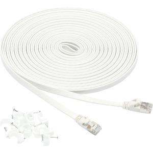 Amazon Basics RJ45 Cat 7 Ethernet Patch Cable, Flat, 600MHz, Snagless, Gold Plated, Includes 15 Nails, 30 Foot, White