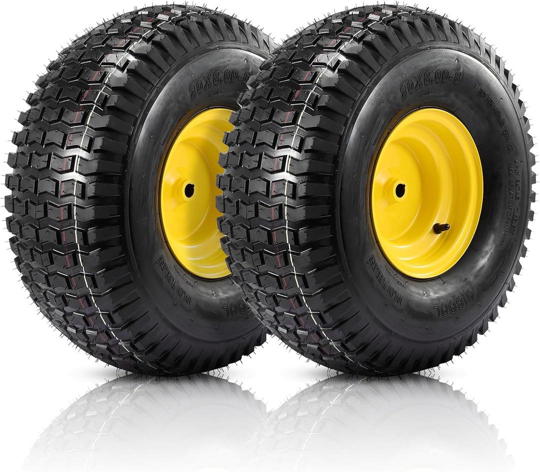 20x8.00-8 Rear Tire and Wheel Assemblies,4 Ply Tubeless Tire Compatible for Riding Lawn Mowers, 3/4" Borehole, 3.5" Offset Hub and 3/16" Keyway, 905lbs Capacity, 2 Pack