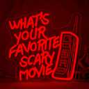 Whats Your Favorite Scary Movie Neon Sign  Red LED Wall Light with Retro Phone Design  Horror Movie Night & Halloween Party Dcor