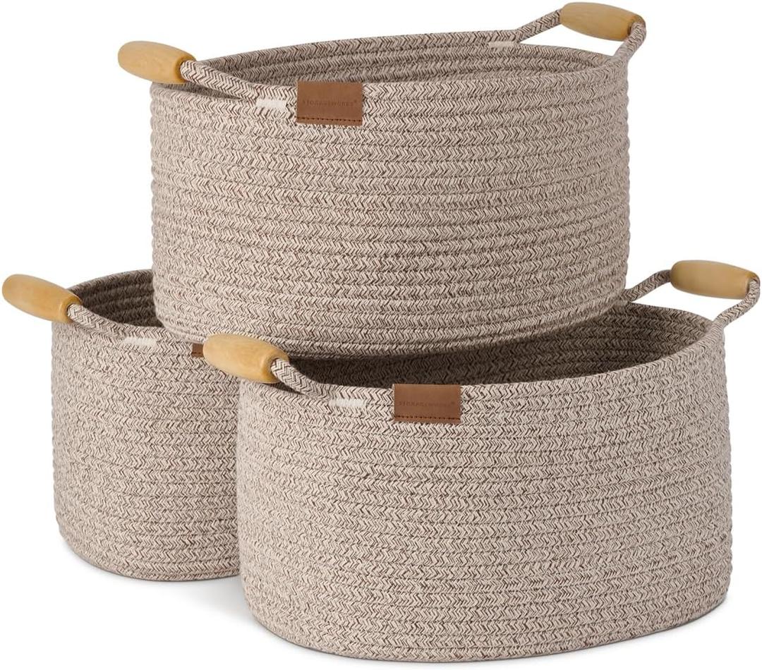 StorageWorks 13 Inch Rope Basket for Organizing, Cute Small Woven Baskets with Wooden Handles, Decorative Woven Storage Basket, Light Brown, 3-Pack