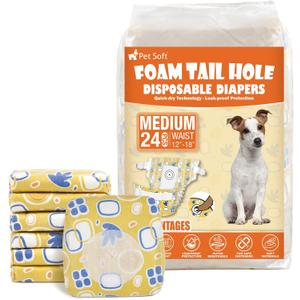 Pet Soft Female Dog Diapers - Disposable Dog Diapers with Adjustable Foam Tail Hole, Cat & Puppy Diaper for Dogs in Heat or Incontinence, Medium (24Pcs, Yellow)