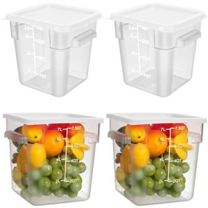 Lallisa 4 Pcs 8 Qt and 4 Qt Clear Food Storage Containers with Lids, Handles and Scales, Commercial Grade Square Containers Polycarbonate Air Tight for Home Storage Kitchen Restaurant(White)