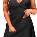 Daci Plus Size Tankini Swimsuit with Skirt - 2 Piece Tummy Control Ruched Bathing Suit Swimwear (Black)