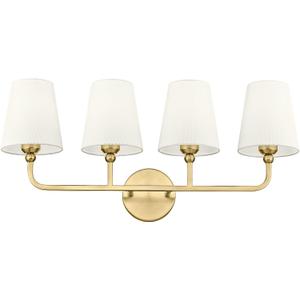 4-Light Bathroom Light Fixtures, Brushed Gold Vanity Lights with Flared Beige Fabric Shade, 28 Inch Wall Sconce, Vintage Sconces Wall Lighting for Hallway Bedroom, VL837-BG-B-4
