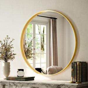 Round Bathroom Mirror 30 inch, Gold Gorgeous Deep Frame Round Wall Mirror, Modern Round Bathroom Vanity Mirror for Bedroom, Living Room, Hanging or Leaning, Gold