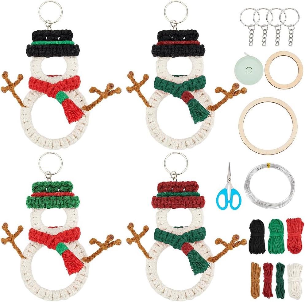 ACRNIGHEET 4PCS Macrame Christmas Ornament Kit, Snowman Knitting Ornaments Decoration Set, Easy Macrame Kits for Adults Beginners, Xmas Party Supplies