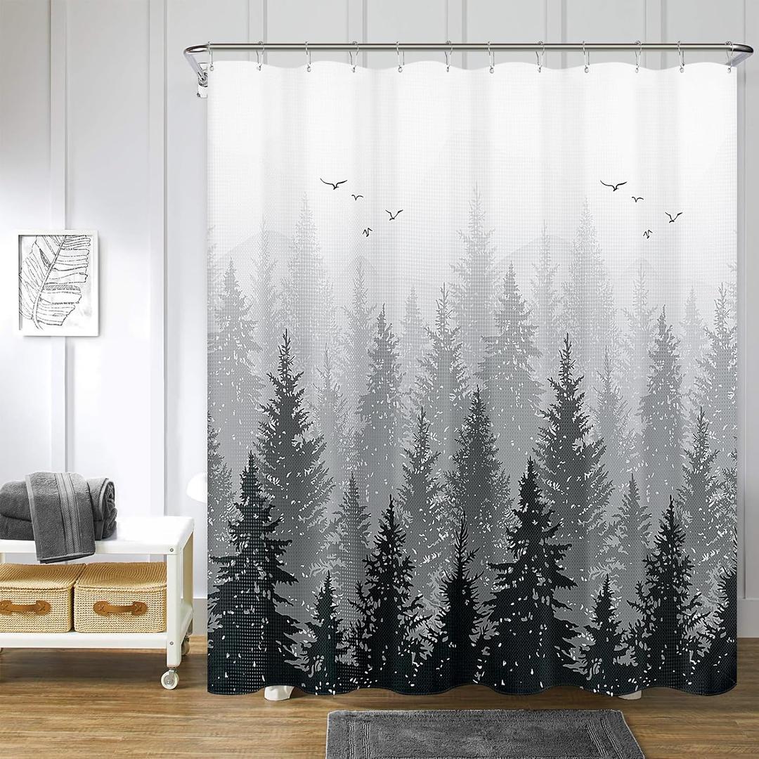 Hokibero Black and White Forest Bathroom Shower Curtain Set Mountain Nature Tree Plant Black and Gray Waffle Fabric Bath Curtains Hotels, 72x72 inch