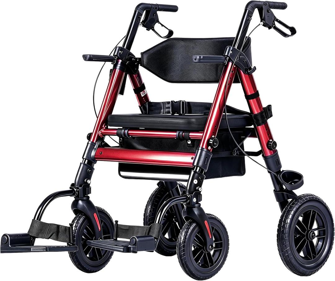 Ambliss 2-in-1 Rollator Transport Wheelchair Combo for Seniors with seat | Heavy-Duty Bariatric Walker 450lbs|10" Rear & 8" Front All Terrain Wheels|Adjustable Height|Foldable Mobility Aid for Adults
