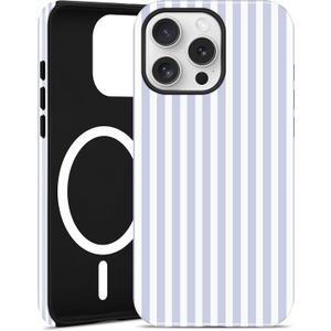 Jusy Compatible with MagSafe Striped Phone Case for iPhone 16 Pro, Cute Aesthetic Magnetic Soft TPU and Hard PC Protective Phone Cover for Women Girls (Matte) - Blue and White