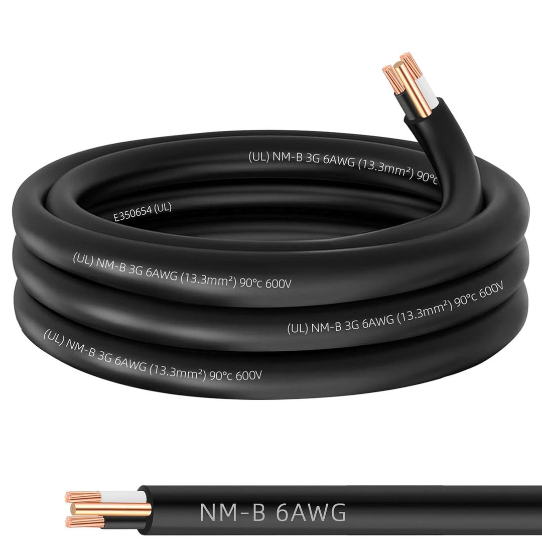 NM-B 6/2 Wire with Ground,15FT 6 AWG Copper Wire,6 Gauge 2 Conductor Electrical 6/2 NM-B with Ground Non-Metallic Sheathed Cable,Stranded Indoor Residential Wiring for Branch Circuit Switch&Outlet