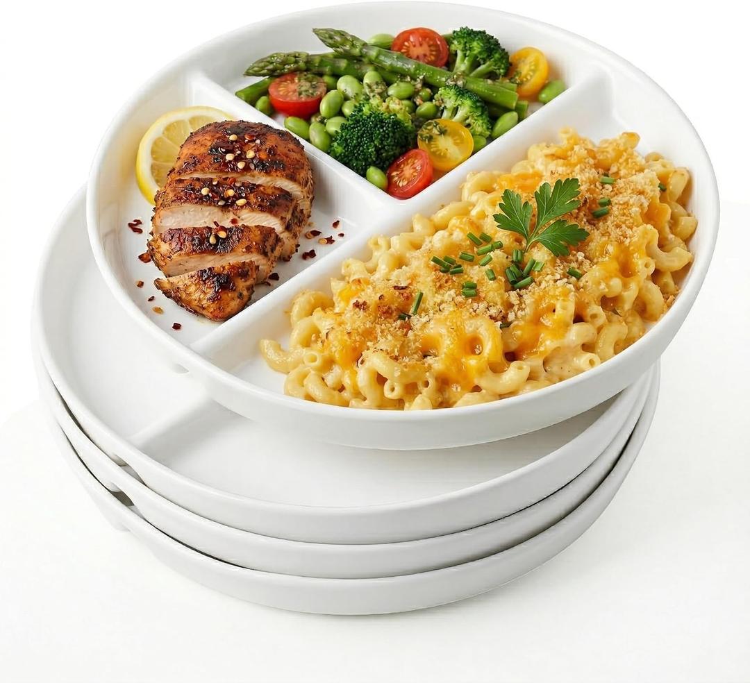 10" Ceramic Divided Plates Set of 4 - Large 3 Compartment Portion Control Plates for Adults Kids, Bariatric Dinner Plates for Balanced Meal Prep, Microwave Dishwasher Freezer Safe, White